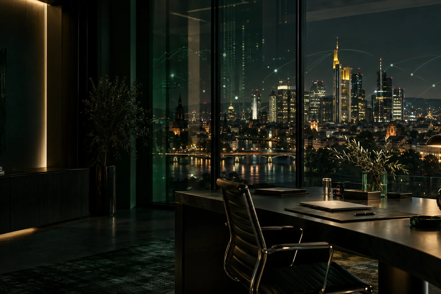 Dunkles Büro bei Nacht mit Blick auf die beleuchtete Frankfurter Skyline und ein Verbindungsnetz